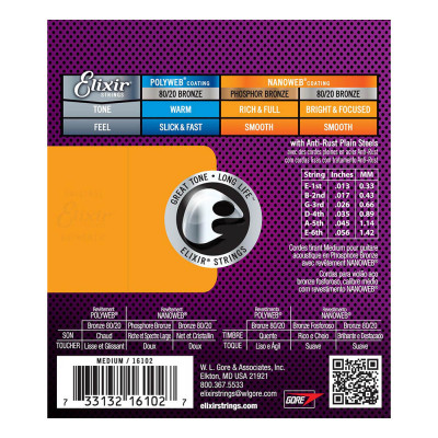 ELIXIR PB NW M PHOSPHOR BRONZE NANOWEB MEDIUM (013-056) 16102 струни для акустичної гітари 