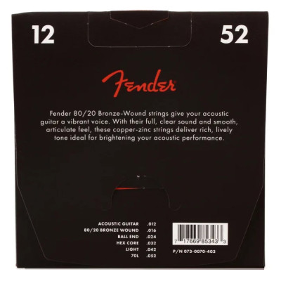 FENDER 70L 80/20 BRONZE WOUND ACOUSTIC STRINGS (12-52) струни для акустичної гітари