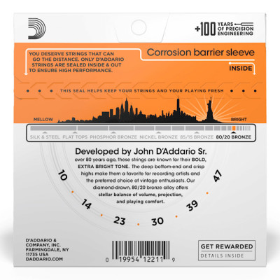 D'ADDARIO EJ10 80/20 BRONZE EXTRA LIGHT (10-47) струни для акустичної гітари