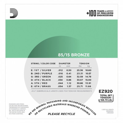 D'ADDARIO EZ920 85/15 BRONZE MEDIUM LIGHT (12-54) струни для акустичної гітари