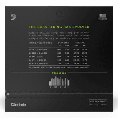 D'ADDARIO NYXL45125 LIGHT TOP/MEDIUM BOTTOM 5-STRING (45-125) струни для бас-гітари