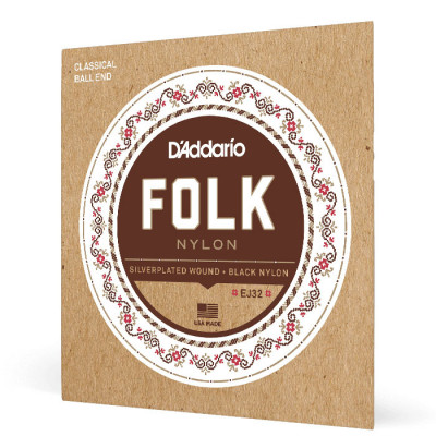 D'ADDARIO EJ32 FOLK NYLON Ball End Silver Wound / Black Treble струни для класичної гітари